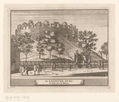 Historical engraving of the Burcht van Leiden fortress and city view with figures from 1711