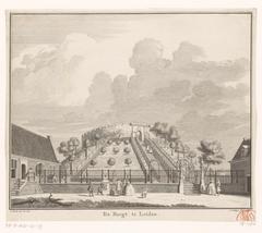 Etching of the fortress Burgt van Leiden with peacocks in the foreground