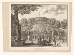 Historic etched illustration of the fortress of Leiden featuring three men sitting at a table, a small monkey, a dog, peacocks, and several other figures, circa 1763-1770