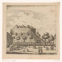 Engraving of the fortress of Leiden with people, dogs and peacocks in the foreground, dated 1712