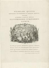 Allegorical engraving of William V protector of Leiden Academy showing Leiden city maiden, god of Rhine, Minerva and children with books at Burcht of Leiden 1775