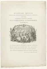 Allegorical engraving depicting Willem V as protector of Leiden University, featuring the city maiden of Leiden, Minerva, Rhine river god, weapon trophy, and cherubs with books at the Burcht of Leiden