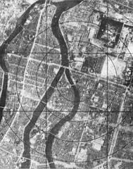 Hiroshima city area before atomic bombing showing 1,000 foot circles around ground zero