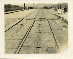 View west from Atomic Bomb Dome tram stop showing damaged east approach of Bridge 24 with Motokawa Elementary School in background