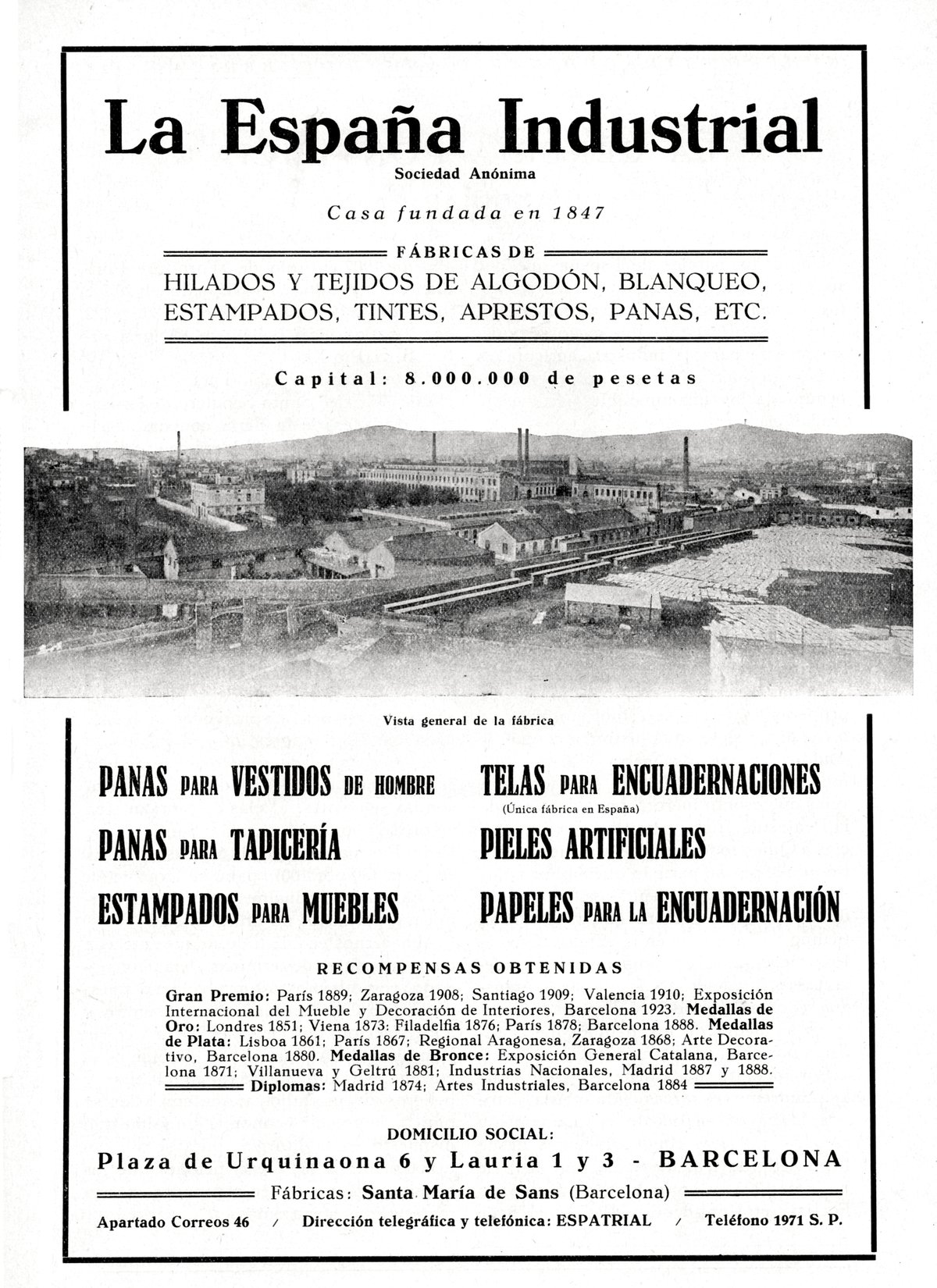 Vintage advertisement for La España Industrial, a paper and textile manufacturing company in Barcelona from 1928