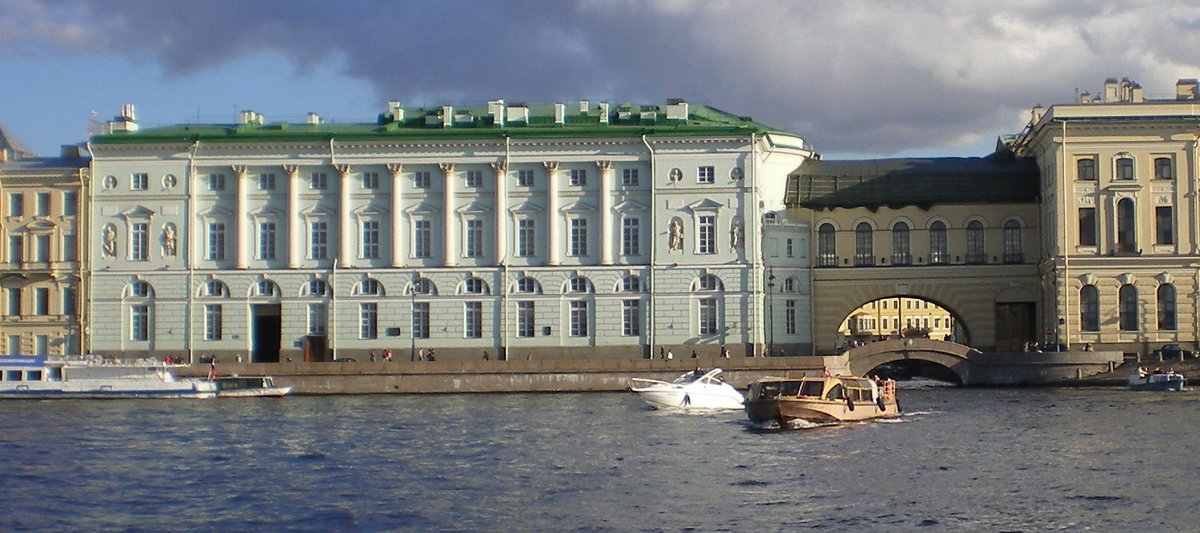 Embankment with historic buildings at Dvortsovaya Naberezhnaya 32-34 along Winter Canal in Saint Petersburg