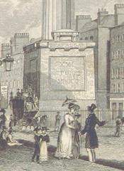 Cropped detail of Nelson's Pillar plinth from an 1837 artwork in Dublin, Ireland