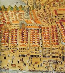 Historical image of Bilbao from the 18th century showing the square where the Ribera Market is now and several streets including the seven streets area