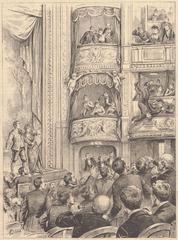 Spectator falling at the Opéra-Comique in Paris during the performance of La Cigale madrilène in 1891