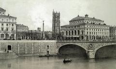 Historical view of Place du Châtelet and Pont au Change in Paris in 1876 with Fountain and Napoleon I Column