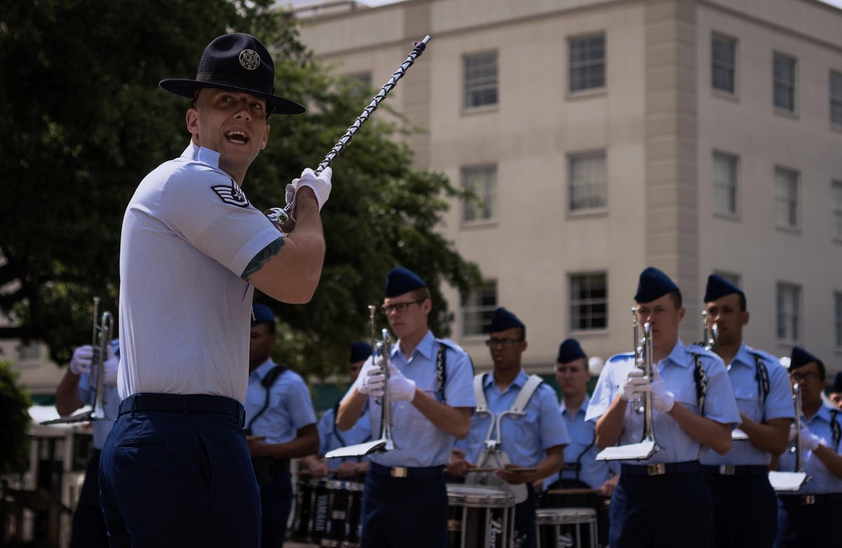 Military instructor leading basic military trainees drum and bugle corps during 2015 Fiesta San Antonio celebration