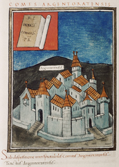 Medieval illustration of Castrum Argentoratum from Notitia Dignitatum manuscript showing symbolic representation of Roman frontier fort at Argentorate Strasbourg