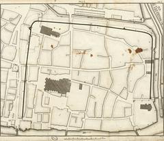 Map of the walls and towers of the Roman town Argentoratum with overlay of modern streets and cathedral location