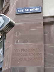 Plaque reading 'Via Principalis' indicating main street in Latin on rue du Dome in Strasbourg France