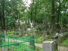 Scenic Bernardine Cemetery with historical tombstones and lush greenery