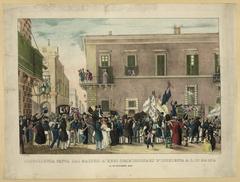 Historical print depicting the Maltese welcoming the royal commissioners of inquiry in Malta