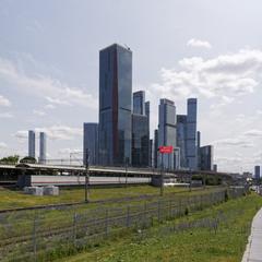 i-City towers in Moscow under a clear blue sky