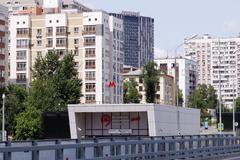 Aboveground vestibules of Shelepikha metro and Moscow Central Circle stations with closed metro vestibule