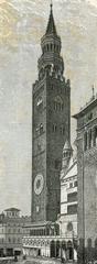 Torrazzo of Cremona woodcut showing the bell tower in detailed silhouette