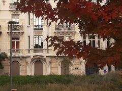House near Parque del Oeste in Madrid viewed through red autumn foliage