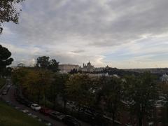 Panoramic view of Madrid from Parque del Oeste showing Teatro Real, Royal Palace, and Almudena Cathedral