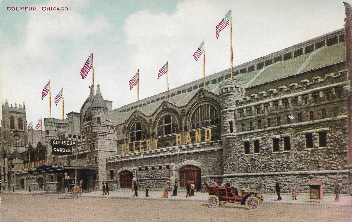 Vintage postcard of the Coliseum in Chicago with palm trees and clear blue sky