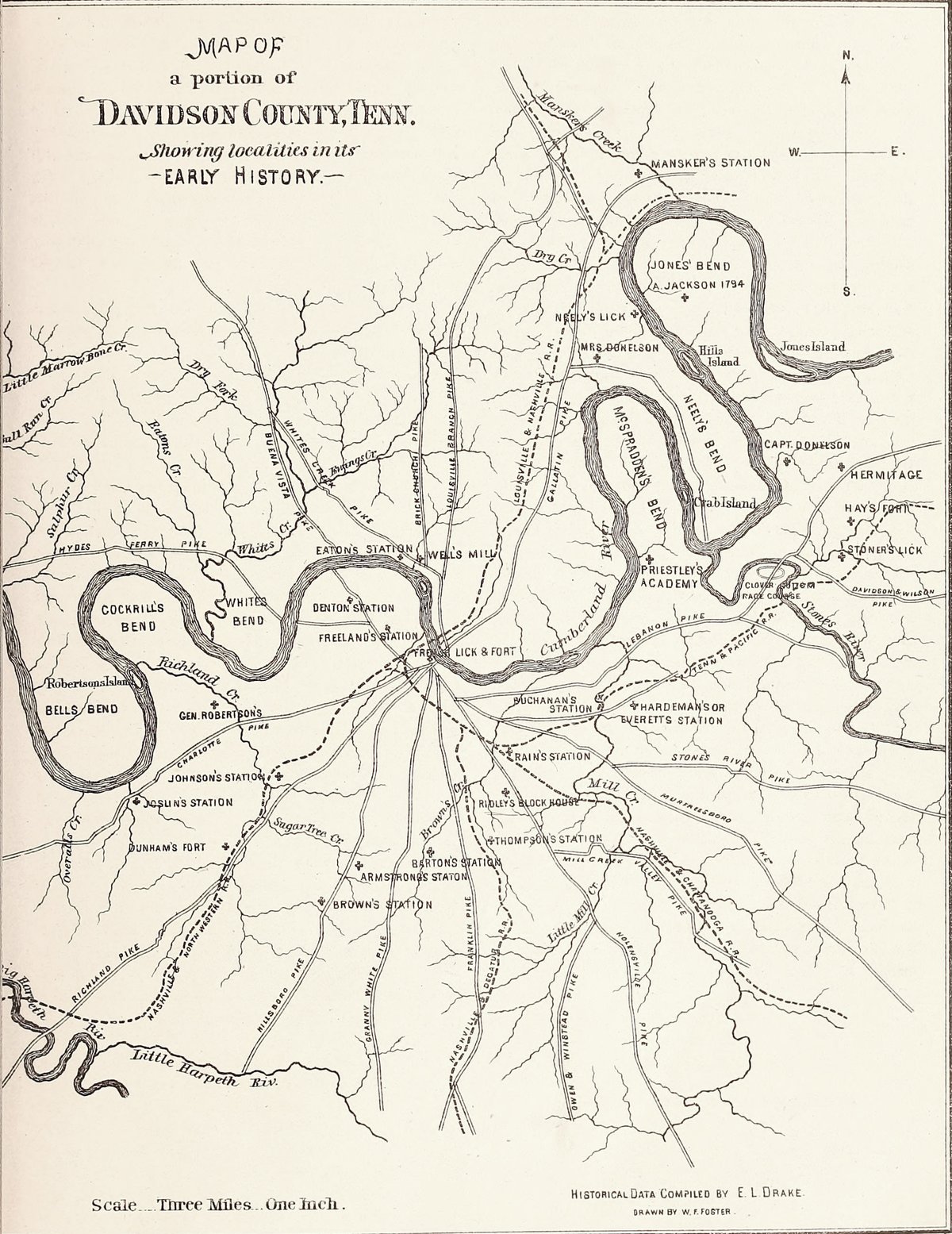 1880 Pioneer Map of Davidson County, Tennessee showing early localities