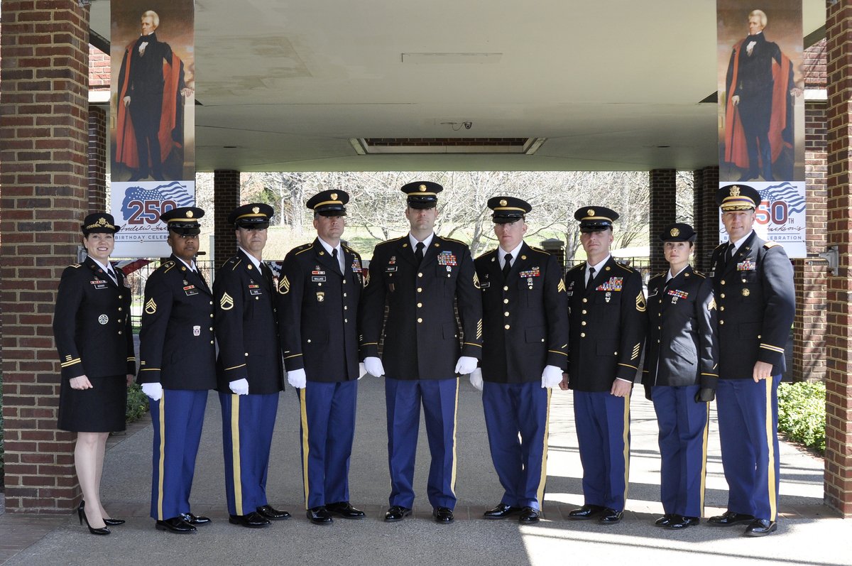Tennessee Army National Guard color guard members standing in formation during a visit by President Trump at the Hermitage