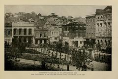 Portsmouth Square in San Francisco in 1865 with horse-drawn carriages and early buildings