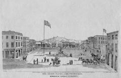 Historic Grand Plaza with California statue, surrounding buildings with signs, stagecoach and pedestrians