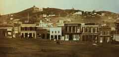 Portsmouth Square near harbor in San Francisco during the 1851 Gold Rush with visible early businesses and signage