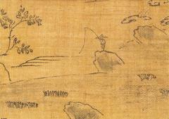 Traditional Japanese landscape painting detail showing natural scenery with trees and a river