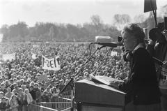 Princess Irene delivering a speech at Zuiderpark during a peace demonstration in The Hague on October 29, 1983