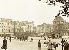Photo of Place Rogier in Brussels circa 1900-1910 showing a woman selling mussels from a cart