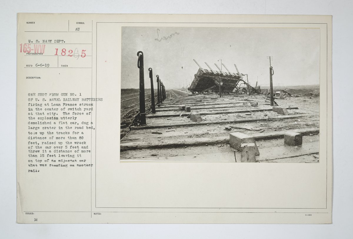 Explosion damage caused by one shot from U.S. Naval Railway Batteries gun at Laon France switch yard during war