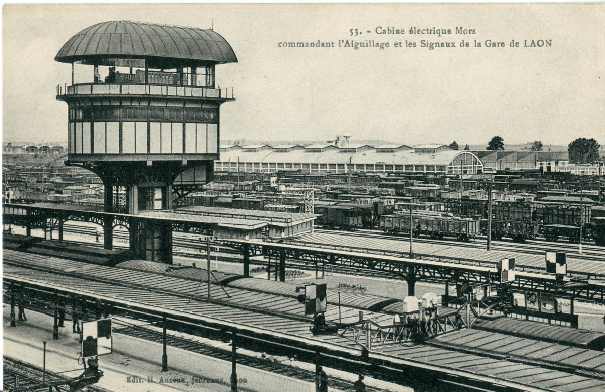 Vintage postcard showing Mors electric cabin controlling Laon train station signals and switches