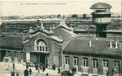 Old postcard showing Laon train station with signal cabin and platforms