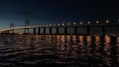 Rosario-Victoria Bridge at sunset over Paraná River