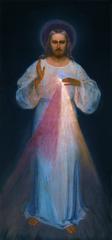 Divine Mercy painting by Eugeniusz Kazimirowski, featuring Jesus with rays of light, symbolizing mercy
