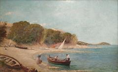 Seaside painting depicting calm coastal scenery by Gabriel Amoretti in 1897