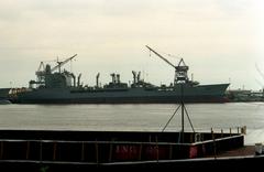 USS Cimarron AO-177 fleet oiler moored at Avondale Shipyard after jumboization