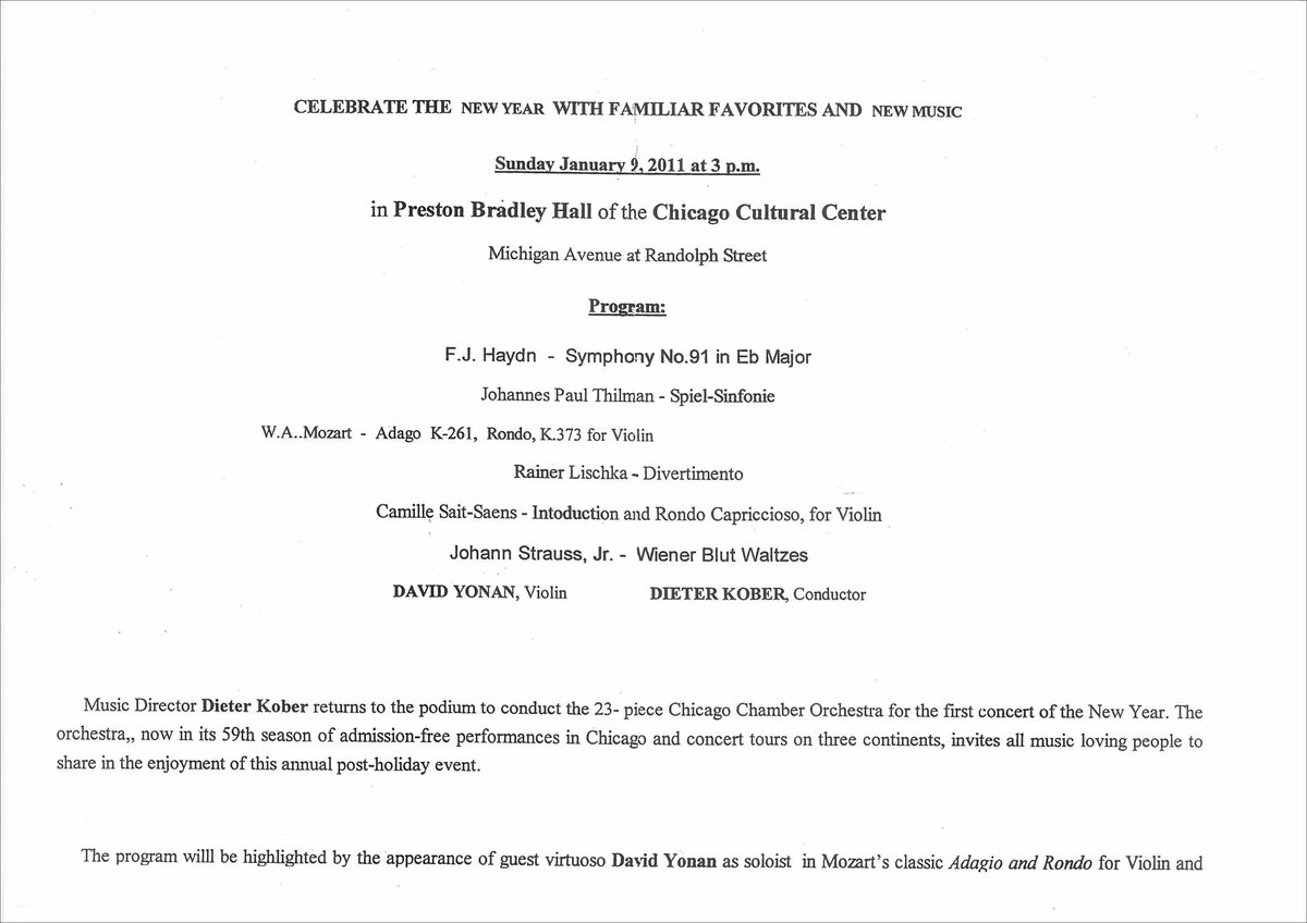 Announcement poster for Chicago Chamber Orchestra concert in Preston Bradley Hall, Chicago