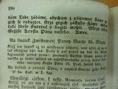 Page from the Catholic hymnal showing the song for the feast of Sts. Cyril and Methodius on March 9th, completed prayer in Czech language