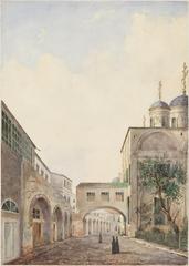 Inside view of the Ascension Monastery in the Moscow Kremlin with the Ascension Cathedral on the right, drawing from the 1850s