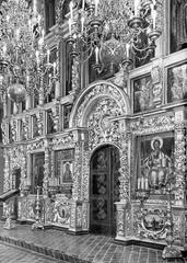 Orthodox iconostasis altar of the Church of the Twelve Apostles, featuring golden religious icons and ornate wooden carvings