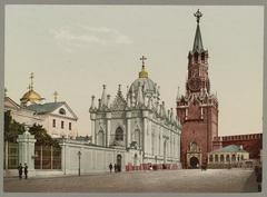 Historic black and white print of the Wossnesensky Monastery in Moscow showing the church and courtyard