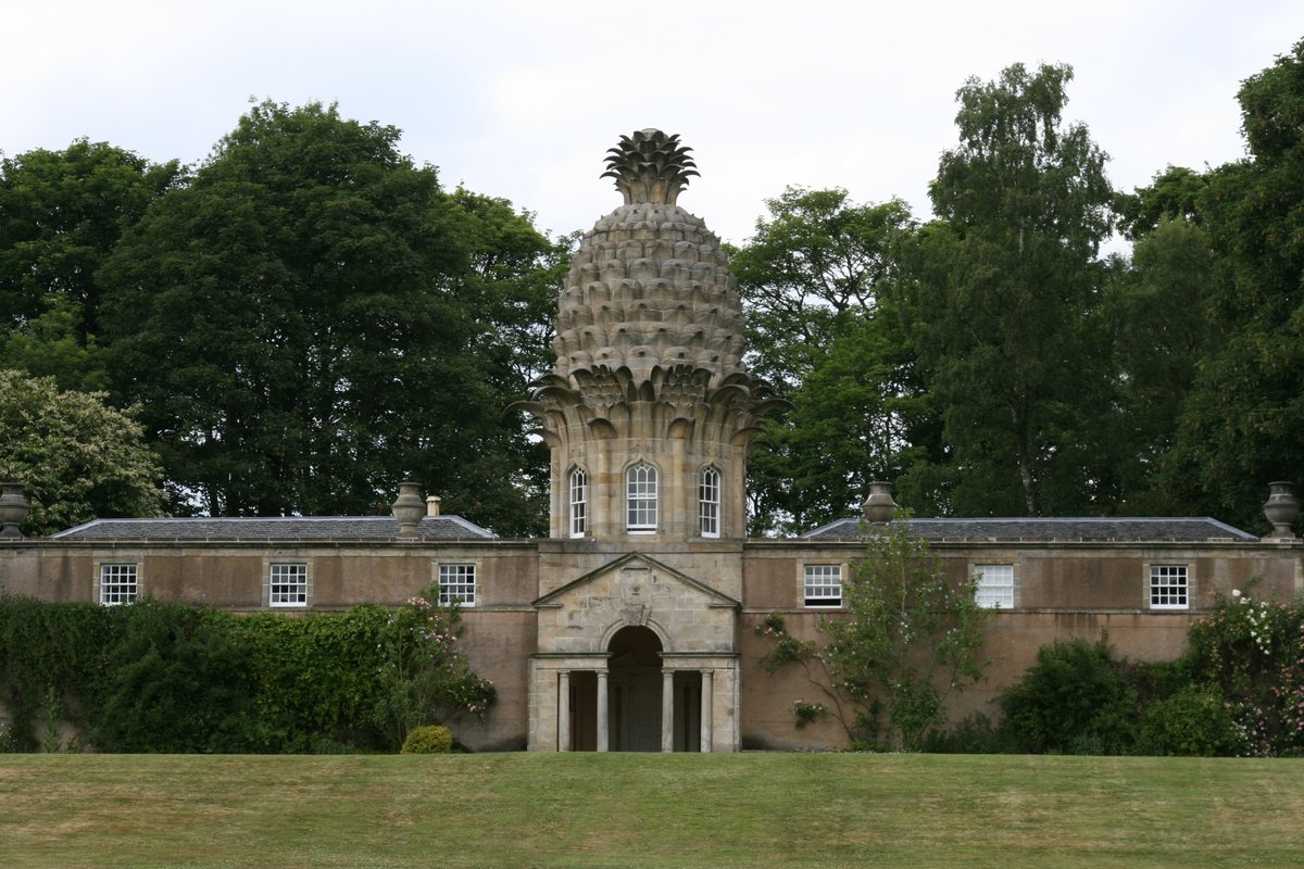 Front facade of Dunmore House with Dunmore Pineapple sculpture in Scotland