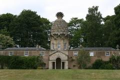 Front facade of Dunmore House with Dunmore Pineapple sculpture in Scotland