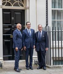 US Treasury Secretary Steven Mnuchin, National Economic Council Director Larry Kudlow, and UK Chancellor Sajid Javid meeting at 11 Downing Street