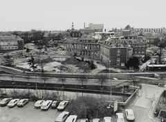 Demolition of the old Academic Hospital Leiden building in February 1988 black and white photo